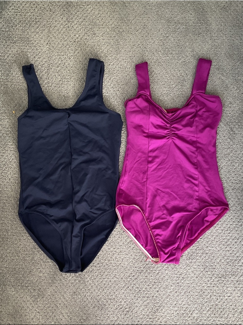 Adult size S-P Mondor and Capeizio dance bodysuits - Navy and Purple